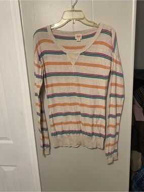 Y2K Mossimo Supply Co. Cream Crewneck Sweater with Teal Pink and Gold Stripes